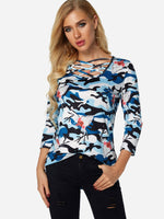 Wholesale Round Neck Crossed Front Hollow Lace-Up Cut Out 3/4 Sleeve T-Shirts