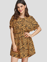 Wholesale Yellow Round Neck Short Sleeve Animal Casual Dress