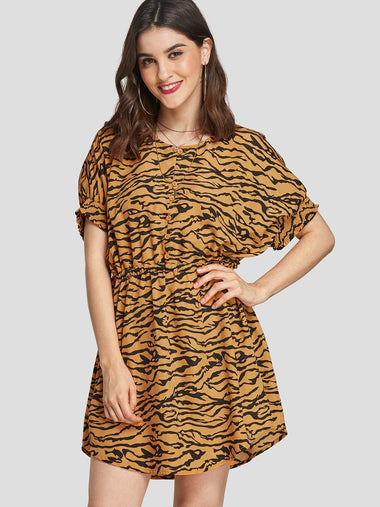 Wholesale Yellow Round Neck Short Sleeve Animal Casual Dress