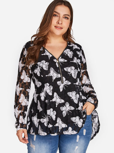 Wholesale V-Neck Animal Floral Print Long Sleeve Black Plus Size Tops