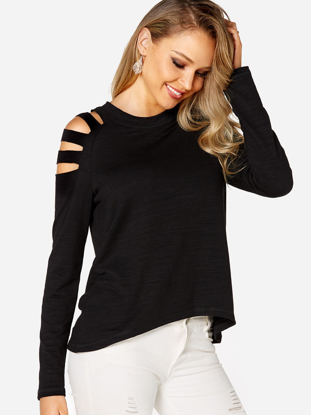 Wholesale Cold Shoulder Lace-Up Long Sleeve Irregular Hem Black T-Shirt