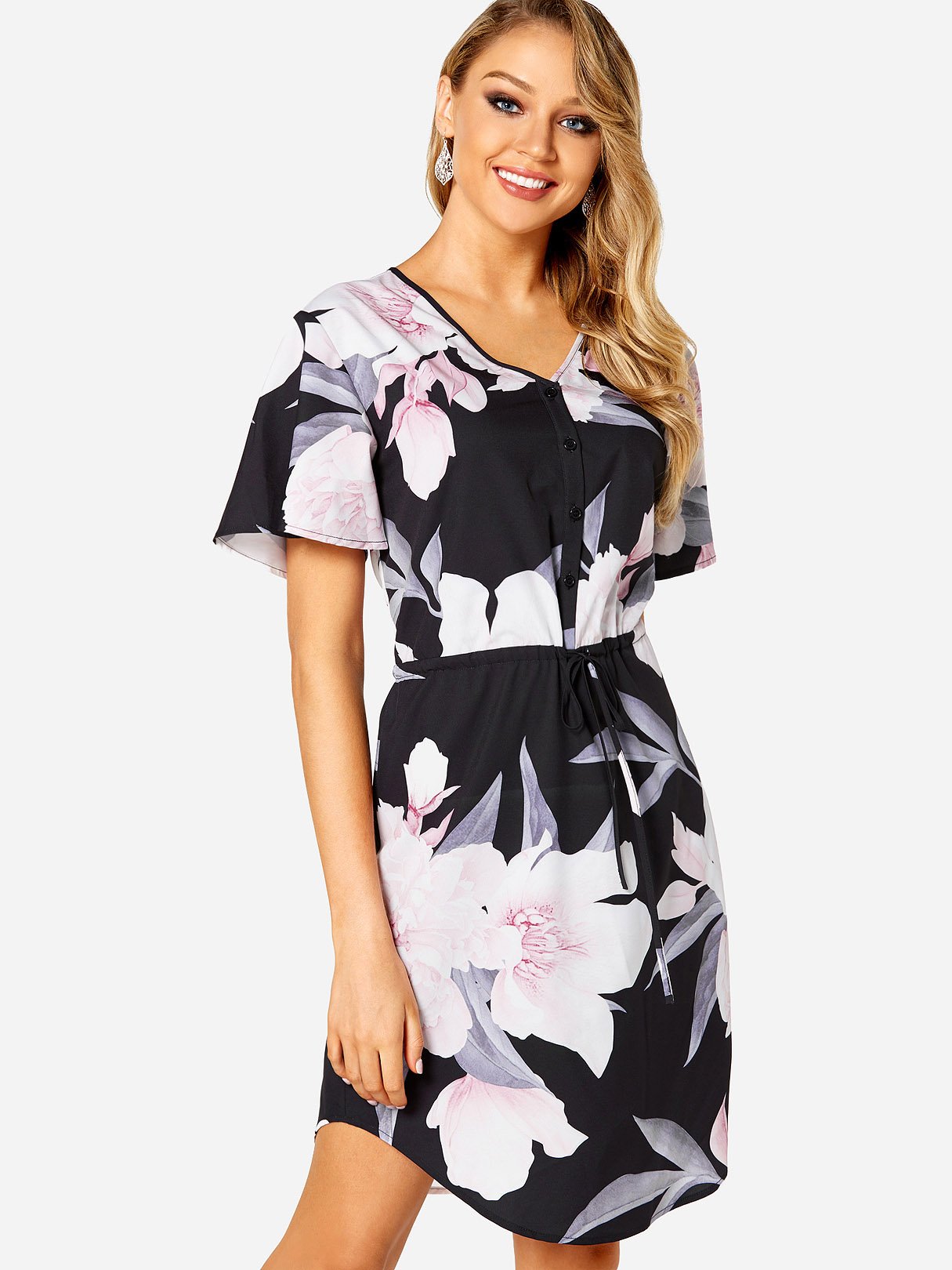 Wholesale V-Neck Short Sleeve Floral Print Lace-Up Curved Hem Dresses