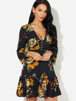 Wholesale V-Neck Long Sleeve Floral Print Ruffle Hem Dresses