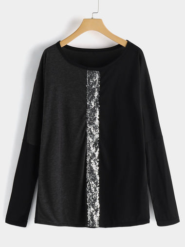 Wholesale Round Neck Plain Sequins Embellished Long Sleeve Plus Size Tops