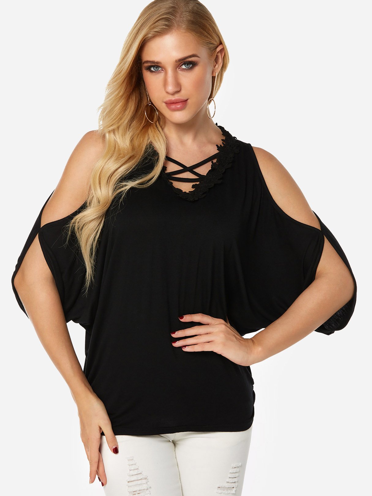 Wholesale Plain Lace Half Sleeve Black Blouses