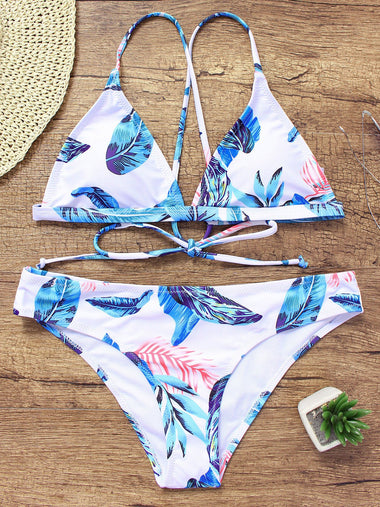 Wholesale White V-Neck Sleeveless Floral Print Backless Criss-Cross Tie-Up Two Piece Bikinis