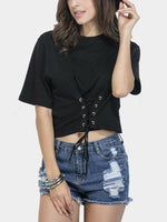 Wholesale Round Neck Lace-Up Short Sleeve Black Blouses