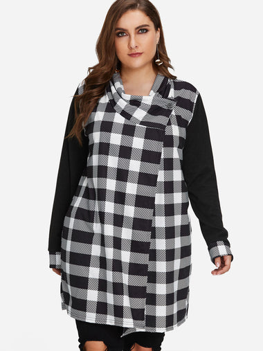 Wholesale Asymmetrical Grid Long Sleeve Plus Size Coats & Jackets