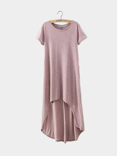 Wholesale Crew Neck Short Sleeve Curved Hem Pink Shirt Dresses