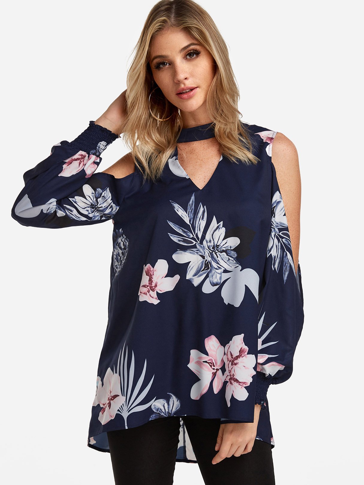 Wholesale Floral Print Cut Out Long Sleeve Irregular Hem Navy Blouses