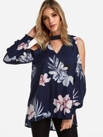 Wholesale Floral Print Cut Out Long Sleeve Irregular Hem Navy Blouses