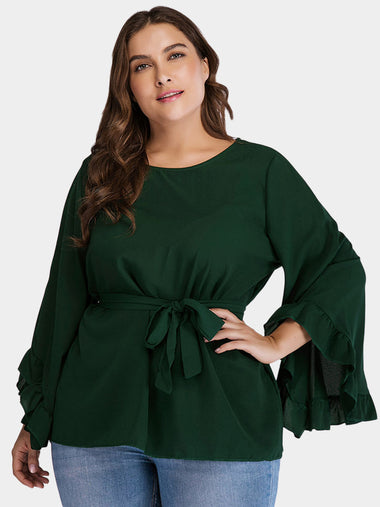 Wholesale Round Neck Plain Self-Tie Ruffle Trim Long Sleeve Green Plus Size Tops