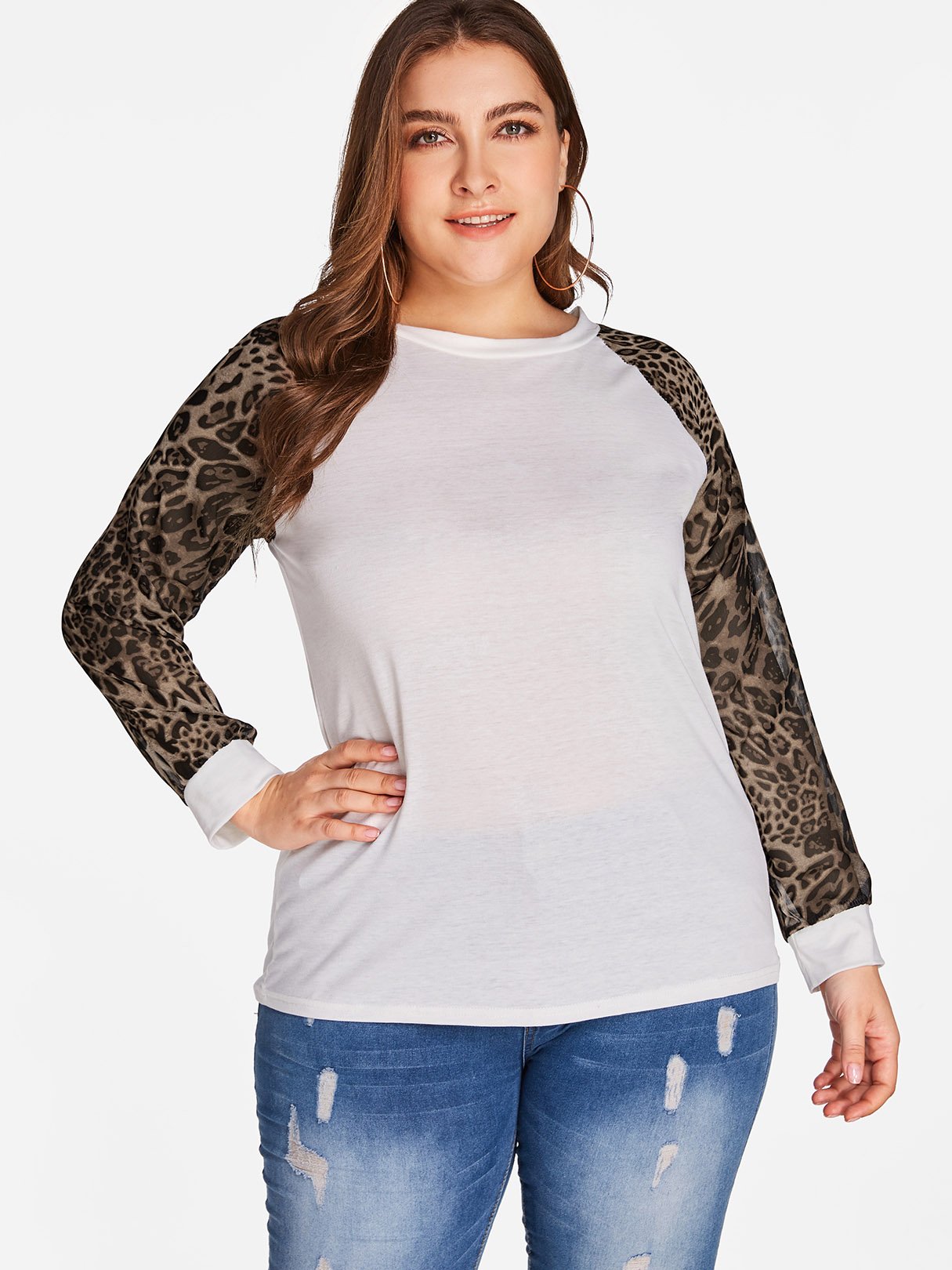 Wholesale Round Neck Leopard Long Sleeve Plus Size Tops