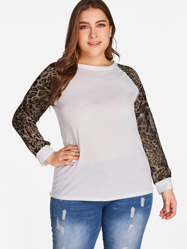 Wholesale Round Neck Leopard Long Sleeve Plus Size Tops