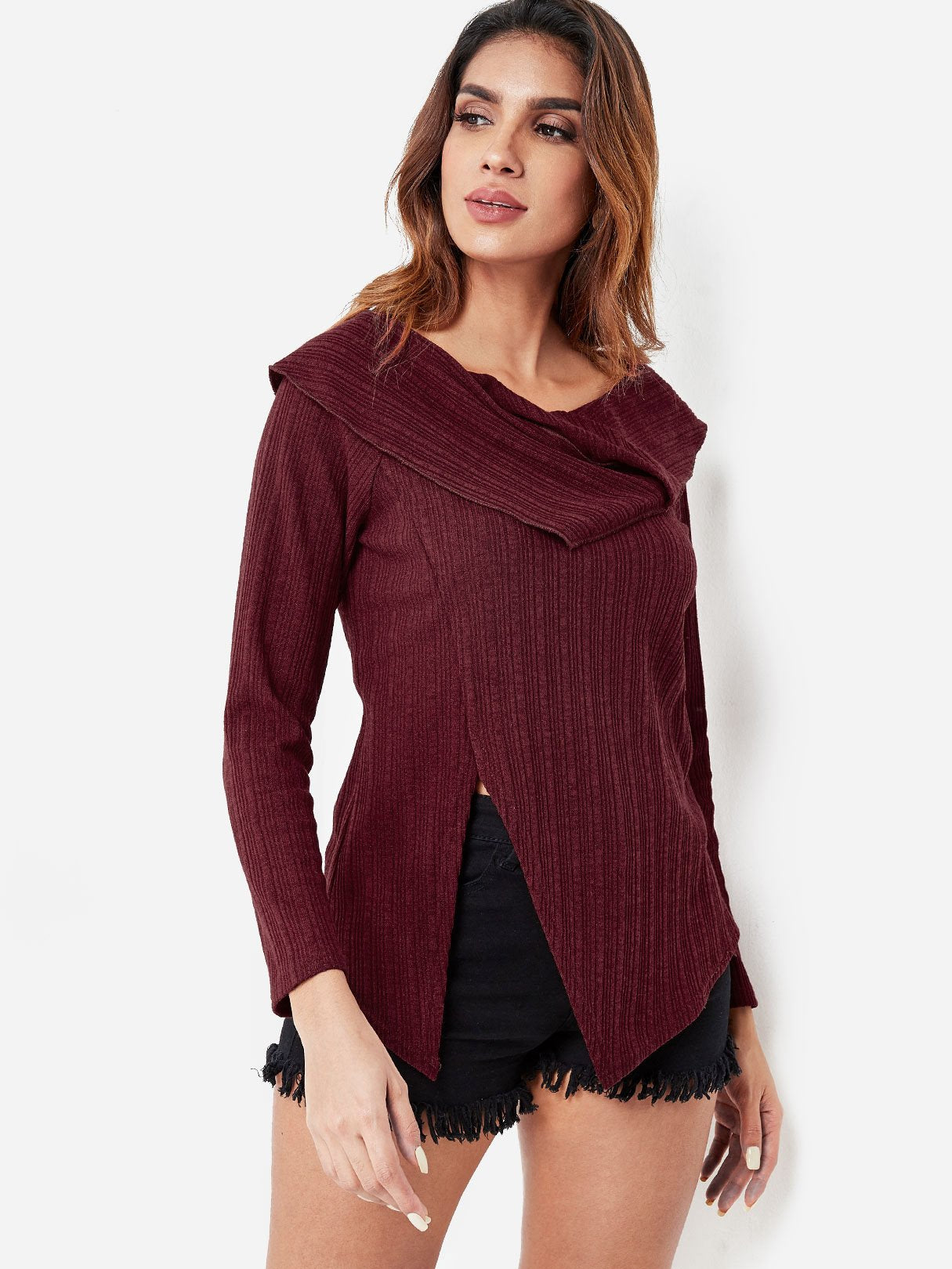 Wholesale High Neck Plain Long Sleeve Slit Hem Burgundy Top