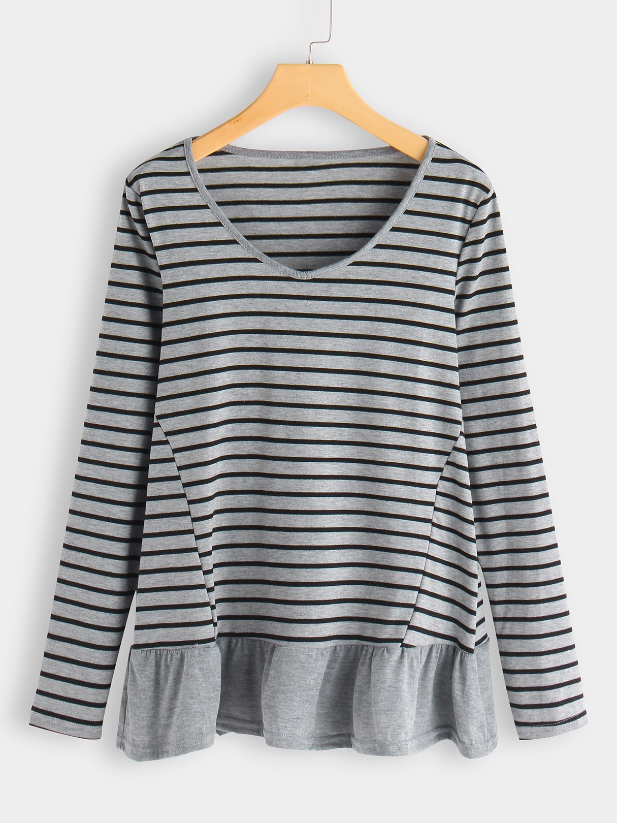 Wholesale Crew Neck Stripe Long Sleeve Ruffle Hem T-Shirts