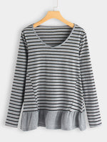 Wholesale Crew Neck Stripe Long Sleeve Ruffle Hem T-Shirts