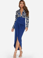 Wholesale Blue Deep V Neck Long Sleeve Leopard Pleated Slit Hem Dresses