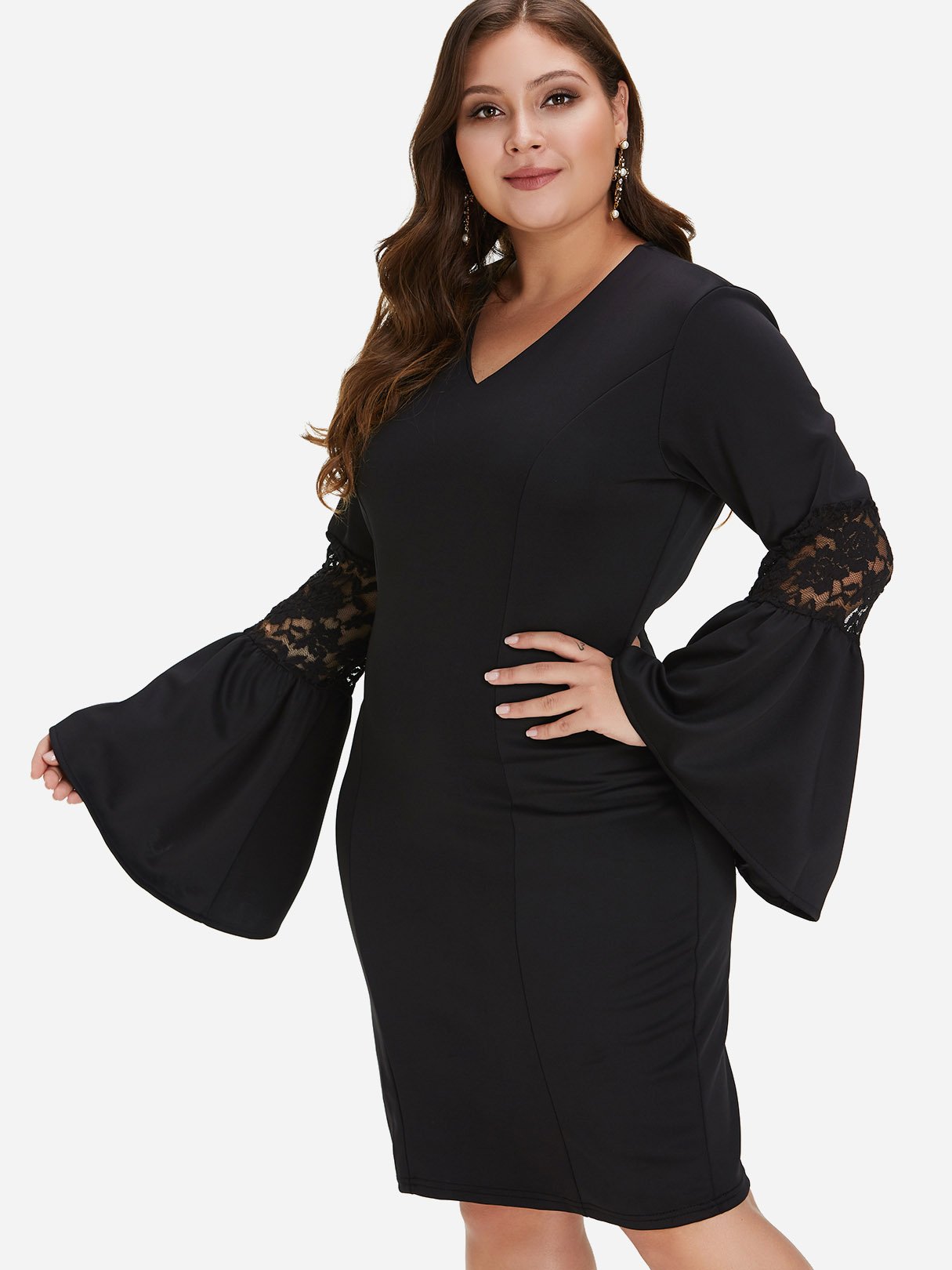 Wholesale V-Neck Plain Lace Long Sleeve Black Plus Size Dress