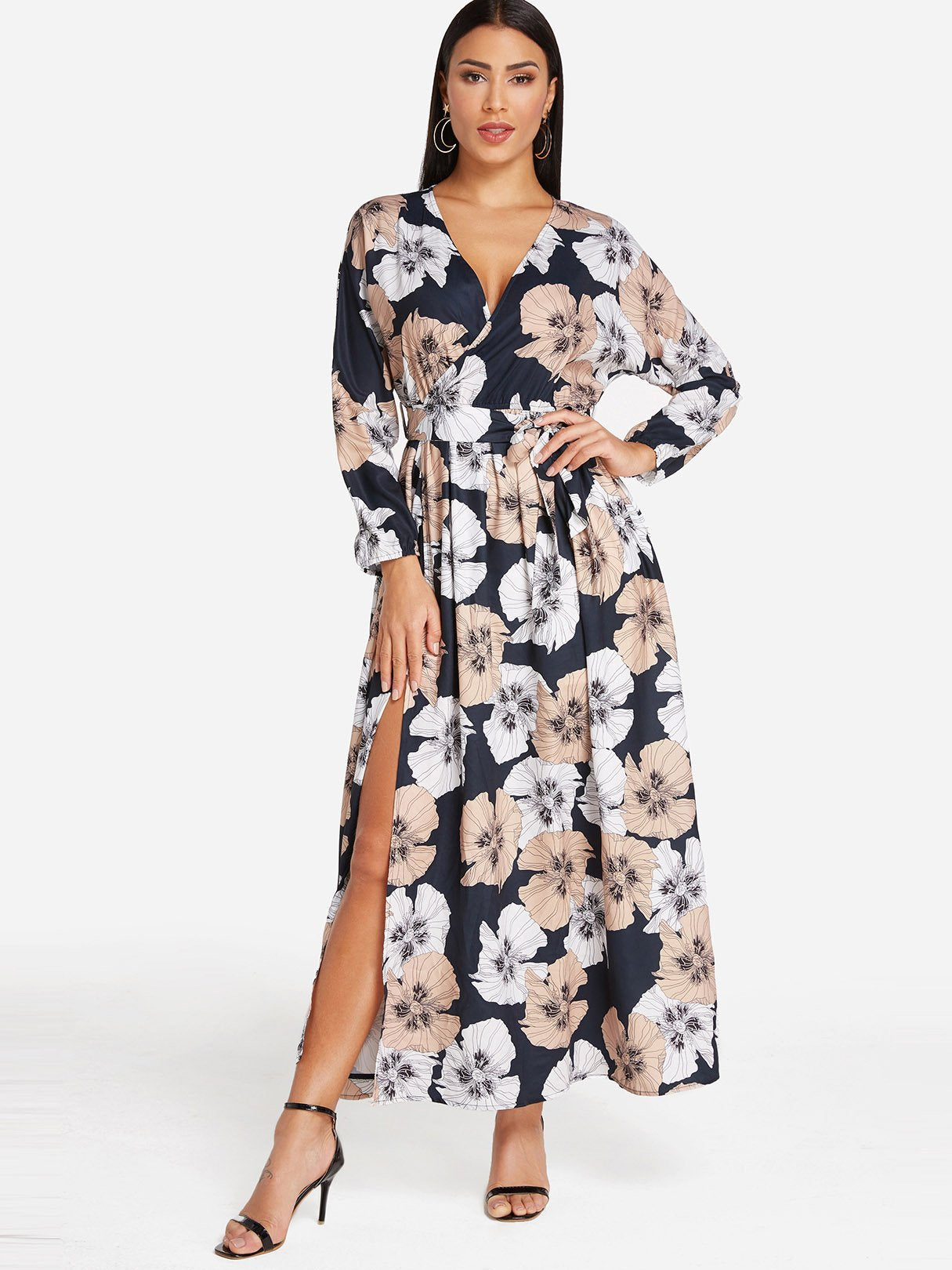 Wholesale V-Neck Long Sleeve Floral Print Lace-Up Wrap Slit Hem Dresses