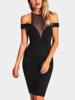 Wholesale Black Halter Off The Shoulder Short Sleeve Zip Back Cut Out Bodycon Sexy Dresses