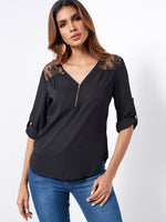 Wholesale V-Neck Plain Lace Zip Back Long Sleeve Curved Hem Black Blouses