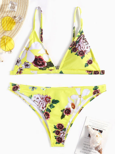 Wholesale V-Neck Floral Print Backless Two Piece Bikinis