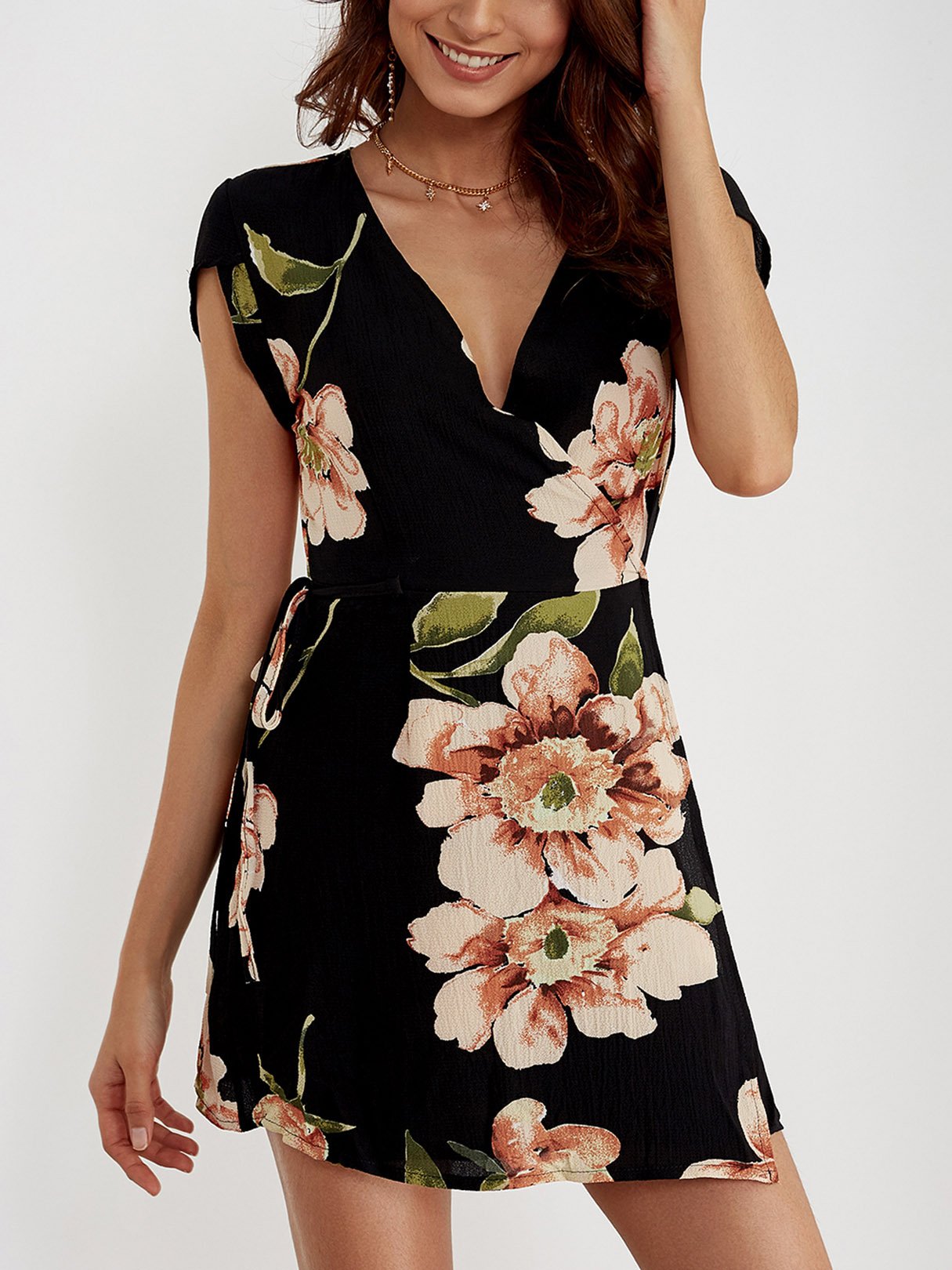 Wholesale V-Neck Floral Print Self-Tie Wrap Dresses