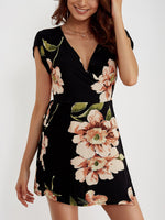 Wholesale V-Neck Floral Print Self-Tie Wrap Dresses