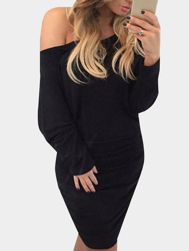 Wholesale Black One Shoulder Long Sleeve Plain Sexy Dress