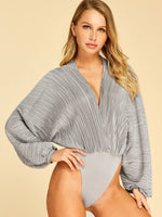 Wholesale Deep V Neck Plain Pleated Long Sleeve Bodysuits