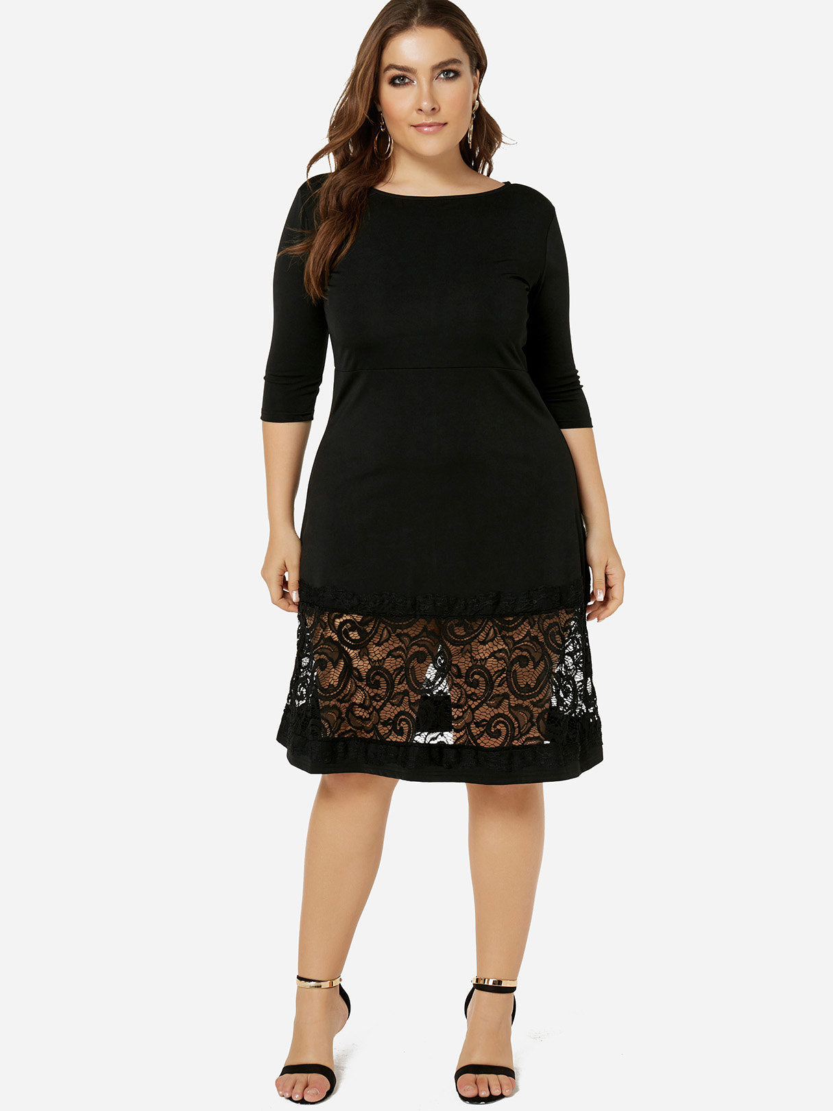 Wholesale Round Neck Plain Lace Hollow See Through Half Sleeve Stitching Hem Black Plus Size Dresses