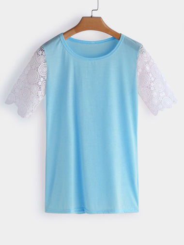 Wholesale Crew Neck Plain Lace Short Sleeve Blue T-Shirts