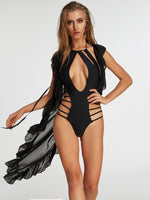Wholesale Sleeveless Plain Lace-Up Semi Sheer Ruffle Hem Cover Ups Swimwear