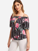 Wholesale Bateau Stripe Floral Print Cut Out Short Sleeve Curved Hem Black T-Shirts