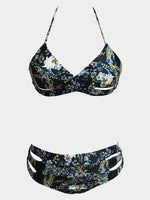 Wholesale Halter V-Neck Sleeveless Floral Print Cut Out Two Piece Bikinis