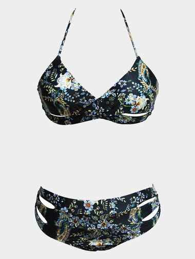 Wholesale Halter V-Neck Sleeveless Floral Print Cut Out Two Piece Bikinis