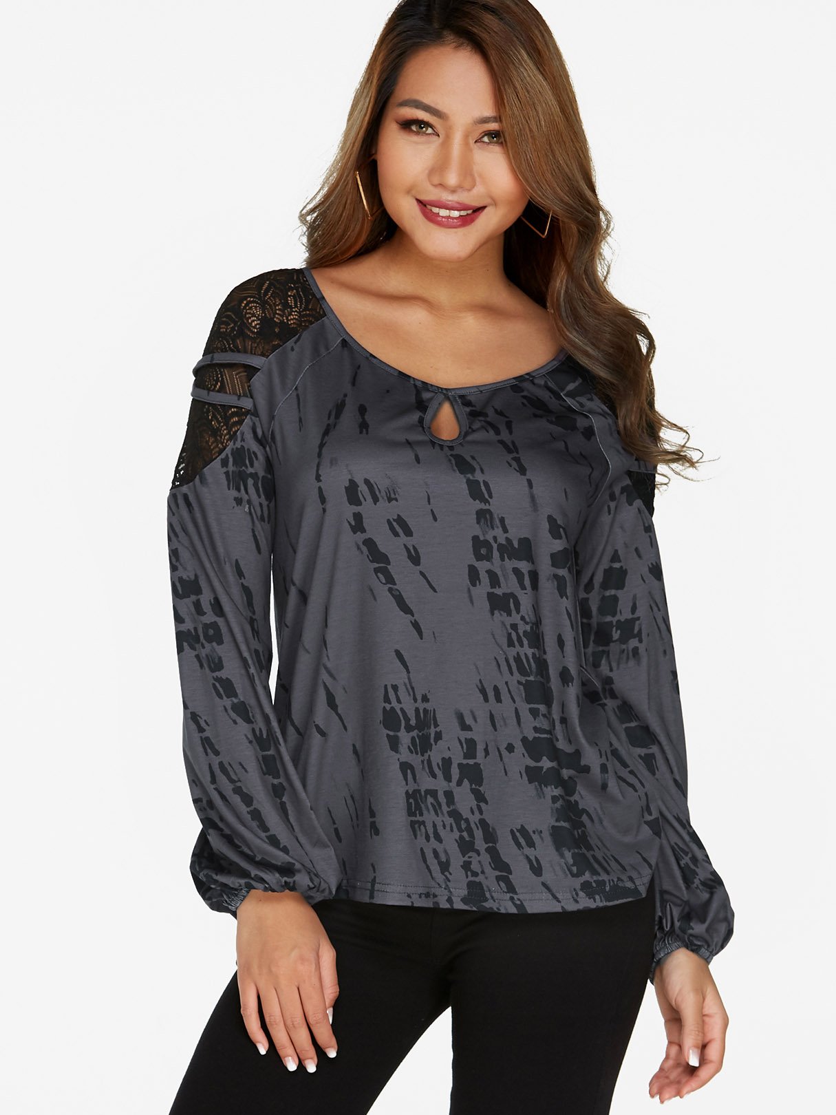 Wholesale Grey Round Neck Lace Long Sleeve Fashion T-Shirts