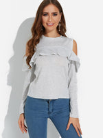 Wholesale Cold Shoulder Cable Knit Long Sleeve Grey T-Shirts