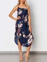 Wholesale Navy Sleeveless Floral Print Tiered Spaghetti Strap Slit Hem Dresses