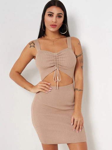 Wholesale Beige Square Neck Sleeveless Plain Cut Out Self-Tie Sexy Dresses