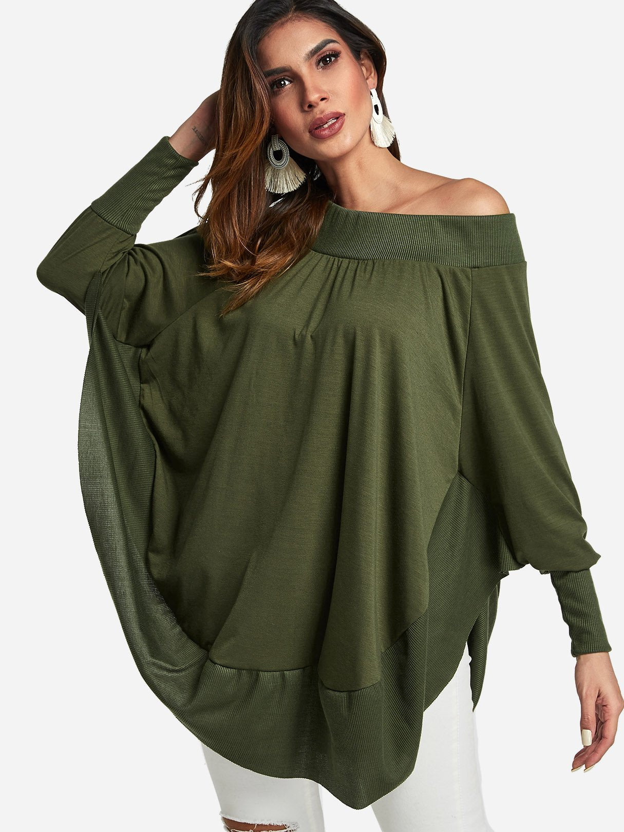 Wholesale Army Green One Shoulder Long Sleeve Plain Slit Sexy Dresses