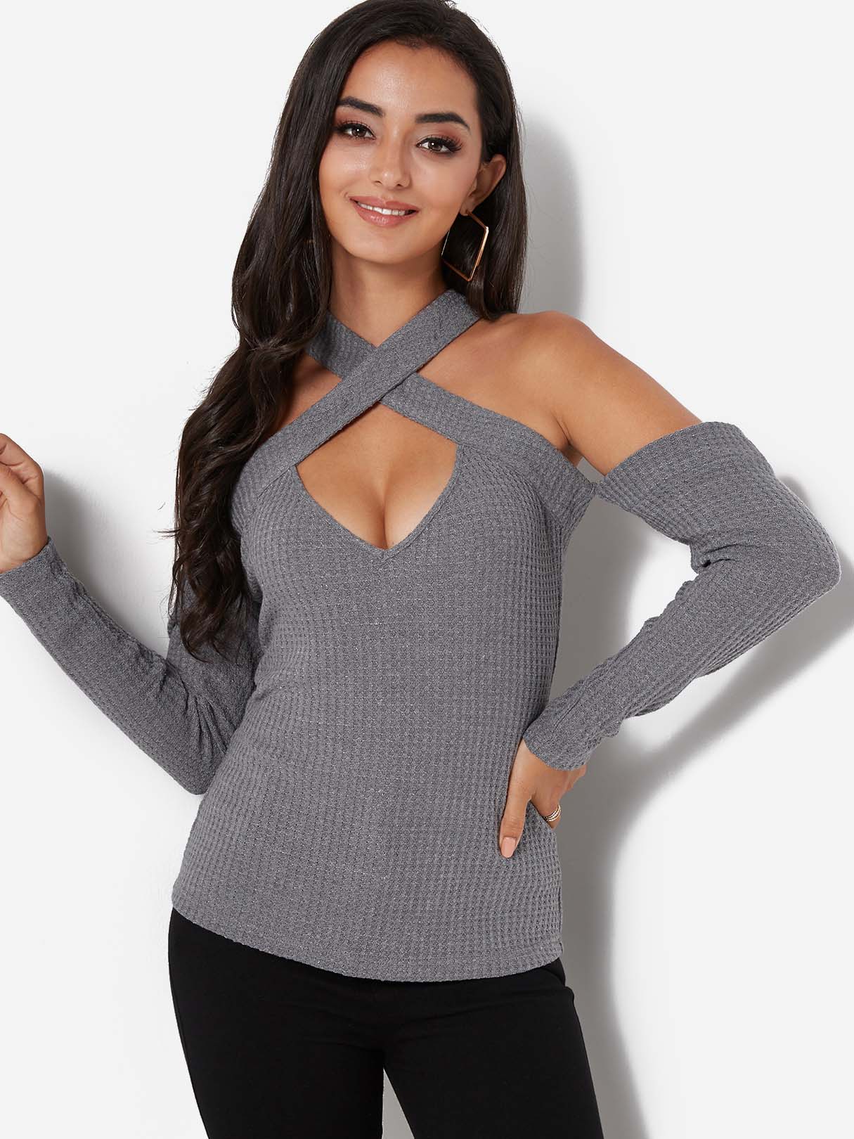 Wholesale Crossed Collar Off The Shoulder Plain Cut Out Criss-Cross Long Sleeve Grey T-Shirts