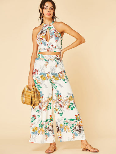 Wholesale Halter Floral Print Wide Leg Sleeveless White Two Piece Outfits