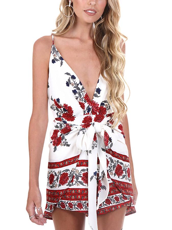Wholesale V-Neck Sleeveless Floral Print Zip Back Backless Spaghetti Strap Curved Hem Mini Dresses
