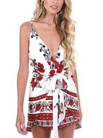 Wholesale V-Neck Sleeveless Floral Print Zip Back Backless Spaghetti Strap Curved Hem Mini Dresses
