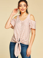 Wholesale Cold Shoulder Stripe Short Sleeve Pink Blouses