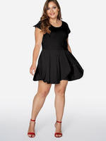 Wholesale Round Neck Plain Tiered Zip Back Short Sleeve Flounced Hem Black Plus Size Bottoms