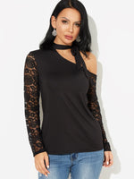 Wholesale One Shoulder Lace Tie-Up Long Sleeve Black T-Shirts
