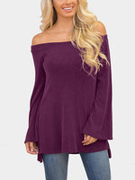 Wholesale Off The Shoulder Plain Slit Long Sleeve Purple T-Shirts